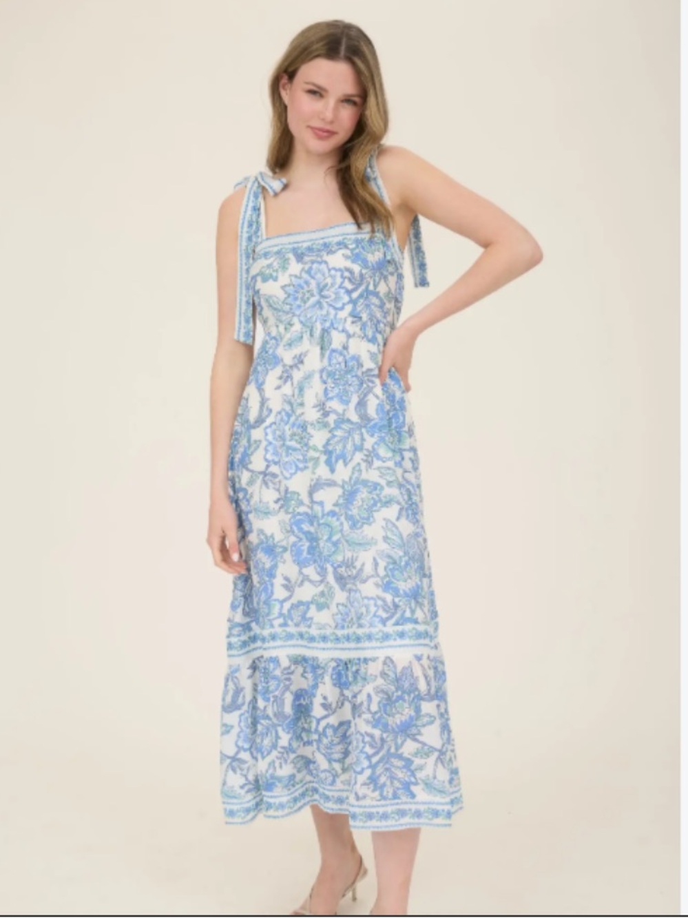 Sweet Wanderer White Dress with Blue Floral Print and Tie Shoulders